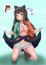 Rule 34 | 1girl, :3, black bow, bloomers, blush, bow, bow bloomers, breasts, brown hair, clothes lift, collarbone, fang, full body, hair bow, half updo, hard-translated, heart, highres, japanese clothes, kimono, long hair, long sleeves, medium breasts, messy hair, multicolored clothes, multicolored kimono, multiple girls, navel, open clothes, open kimono, open mouth, possessed, possession, sidelocks, skirt, skirt lift, socks, solo, spread legs, squatting, stomach, sura sura, sweatdrop, tatsumi kon, thighs, third-party edit, thought bubble, topless, underwear, undressing, urara meirochou, white bloomers, wide sleeves, yellow eyes, yuri