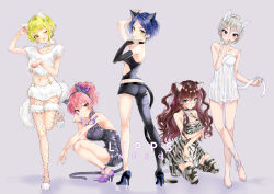 Rule 34 | 5girls, :3, ;3, ;p, ahoge, animal ears, ankle ribbon, arm tattoo, ass, asymmetrical gloves, backless dress, backless outfit, bare shoulders, barefoot, black choker, black dress, black eyes, black gloves, blonde hair, blue eyes, blue hair, blush, boots, bow, breasts, brown hair, cat ears, cat tail, choker, cleavage, collarbone, commentary request, crescent, crescent earrings, dress, earrings, elbow gloves, eyelashes, fake animal ears, fingerless gloves, fishnet pantyhose, fishnets, from side, full body, fur, fur collar, fur trim, gloves, green eyes, grey background, grey hair, hair bow, halterneck, hayami kanade, high heels, ichinose shiki, idolmaster, idolmaster cinderella girls, jewelry, jougasaki mika, large breasts, leg ribbon, lipps (idolmaster), long hair, looking at viewer, looking back, medium breasts, midriff, mismatched gloves, miyabi akino, miyamoto frederica, multiple girls, nail polish, navel, one eye closed, panties, pantyhose, paw pose, pink hair, purple footwear, purple nails, ribbon, see-through, shiny clothes, shiomi syuko, short dress, short hair, simple background, single elbow glove, small breasts, smile, squatting, standing, standing on one leg, tail, tattoo, thigh boots, thighhighs, tongue, tongue out, tribal tattoo, two side up, underboob, underwear, white dress, white panties, white ribbon, yellow eyes, zettai ryouiki