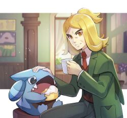 Rule 34 | 1boy, blonde hair, blurry, blurry background, closed mouth, collared shirt, commentary request, cream puff, creatures (company), cup, eating, food, game freak, gen 4 pokemon, gible, green jacket, hassel (pokemon), headpat, highres, holding, holding cup, jacket, long sleeves, male focus, mug, necktie, nintendo, open clothes, open jacket, pants, parted bangs, pokemon, pokemon (creature), pokemon sv, red necktie, shirt, short ponytail, sitting, smile, stool, vest, white shirt, zeroki (izuno)