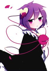 Rule 34 | 1girl, alternate costume, black dress, dress, flower, from side, half-closed eyes, heart, highres, holding, komeiji satori, long sleeves, looking at viewer, open mouth, pink eyes, purple hair, red flower, red rose, rose, short hair, simple background, solo, standing, third eye, touhou, white background, you (noanoamoemoe)