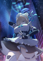 Rule 34 | 1girl, absurdres, apron, black gloves, blonde hair, blue archive, blue eyes, breasts, city, commentary, cowboy shot, dress, elbow gloves, fingerless gloves, from below, gloves, hair bun, highres, jiang (kplrt 07), large breasts, looking at viewer, maid, maid headdress, night, night sky, panties, pantyshot, revision, skindentation, sky, solo, thigh strap, toki (blue archive), umbrella on arm, underwear, upskirt, w