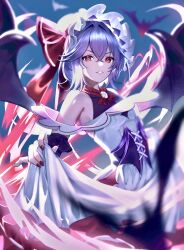 Rule 34 | 1girl, bare shoulders, bat wings, brooch, dress, hat, highres, jewelry, lifted by self, looking at viewer, misohiyu3935, mob cap, purple hair, red eyes, remilia scarlet, solo, touhou, touhou gensou eclipse, white dress, wings