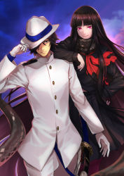 Rule 34 | 1boy, 1girl, absurdly long hair, adjusting clothes, adjusting headwear, black hair, black sailor collar, black scarf, black serafuku, black skirt, commentary request, elbow on another&#039;s shoulder, fate/grand order, fate (series), fedora, gloves, grey eyes, hair over one eye, hat, jacket, katana, long hair, long skirt, looking at viewer, military, military uniform, naval uniform, oryou (fate), pants, pantyhose, purple pantyhose, re (re 09), red eyes, sailor collar, sakamoto ryouma (fate), scabbard, scarf, school uniform, serafuku, sheath, skirt, sword, uniform, very long hair, weapon, white gloves, white headwear, white jacket, white pants