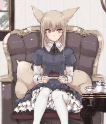 Rule 34 | 1girl, animal ears, armchair, cake, cake slice, chair, coffee table, cup, cushion, dress, fluffy, food, fox ears, fox tail, frilled shirt collar, frills, highres, holding, holding plate, juliet sleeves, light brown hair, lolita fashion, long sleeves, original, pantyhose, plate, puffy sleeves, purple eyes, resized, ribbon, saucer, sitting, solo, table, tail, teacup, teapot, touma kisa, upscaled, white pantyhose