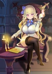 Rule 34 | 1girl, absurdres, arm rest, black footwear, black thighhighs, blonde hair, blue bow, blunt bangs, bookshelf, bow, breasts, candle, chair, closed mouth, commentary request, commission, crossed legs, dot nose, fire, full body, gem, hair bow, hand up, high heels, highleg, highleg leotard, highres, indoors, large breasts, leotard, letter, long hair, long sleeves, looking at viewer, original, pointy ears, red eyes, scvready, shadow, sitting, slit pupils, smile, solo, thighhighs, thighs, v-shaped eyebrows, white leotard, white sleeves