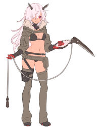 Rule 34 | 1girl, absurdres, belt, black bra, black footwear, black panties, blade horns, boots, bra, breasts, contrapposto, enkyo yuuichirou, full body, gloves, grey thighhighs, hair between eyes, hair over one eye, highres, holding, holding weapon, horns, leg strap, long hair, looking at viewer, medium breasts, navel, one eye covered, original, panties, pink hair, pouch, red eyes, red gloves, simple background, solo, standing, thigh strap, thighhighs, underwear, weapon, white background