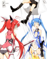 Rule 34 | &gt;:o, 3girls, :o, ^ ^, afterimage, ankle grab, antenna hair, armor, arrow (symbol), ass, bare shoulders, black footwear, black gloves, blue hair, blush, bodysuit, boots, breasts, cleavage cutout, closed eyes, clothing cutout, elbow gloves, faulds, fire, flat chest, gender request, genderswap, gloves, happy, headgear, holding, holding weapon, knee boots, lab coat, laughing, long hair, looking at another, magical girl, miniskirt, mitsuka souji, motion blur, multiple girls, navel, navel cutout, open mouth, ore twintail ni narimasu, profile, raised eyebrows, red hair, revealing clothes, shaded face, shoes, simple background, skirt, small breasts, smile, surprised, sword, tailblue, tailred, thighhighs, throwing, tongue, tongue out, tsube aika, twintails, twoearle, v-shaped eyebrows, vambraces, very long hair, weapon, white background, white hair, white legwear, yuto (dialique)