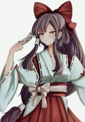 Rule 34 | 1girl, :/, absurdres, between fingers, blush, bow, breasts, brown hair, cleavage, closed mouth, commentary request, expressionless, hair bow, hair tubes, hakama, hakurei reimu, hand up, high ponytail, highres, holding, japanese clothes, long hair, looking at viewer, low-tied long hair, medium breasts, mesuosushi, red bow, red hakama, sidelocks, simple background, sleeves past elbows, solo, touhou, very long hair, white background, wide sleeves