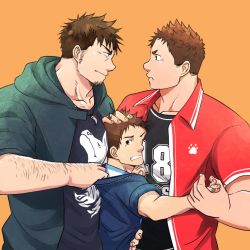 3boys, arm hair, bara, between pecs, boy sandwich, brown hair, child, eye contact, facial hair, from side, green jacket, hand on another&#039;s head, head between pecs, highres, jacket, large pectorals, long sideburns, looking at another, male focus, mature male, multiple boys, mumeinil, muscular, muscular male, open clothes, open jacket, open shirt, original, pectorals, profile, pulled by another, sandwiched, short hair, sideburns, size difference, sleeves rolled up, stubble, upper body, yaoi