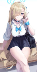 Rule 34 | 1girl, asuna (blue archive), black skirt, blue archive, blue bow, blue bowtie, blue eyes, blue halo, blue nails, blue ribbon, blue scrunchie, bow, bowtie, breasts, buttons, collared shirt, crossed legs, feet out of frame, fingernails, grin, hair over one eye, hair ribbon, halo, highres, large breasts, light brown hair, long hair, looking at viewer, mixjuice, nail polish, pleated skirt, ribbon, scrunchie, shirt, simple background, sitting, skirt, sleeves rolled up, smile, solo, v, white background, white shirt, wrist scrunchie