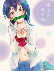 Rule 34 | 10s, 1girl, bdsm, blue hair, blush, bondage, bound, bound wrists, brown eyes, cleave gag, cloth gag, dress shirt, gag, gagged, highres, improvised gag, lilylion26, looking at viewer, love live!, love live! school idol project, navel, open clothes, open shirt, school uniform, shirt, skirt, solo, sonoda umi, translation request
