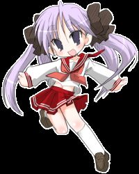 Rule 34 | 00s, 1girl, black background, brown footwear, full body, hiiragi kagami, hizuki yayoi, loafers, long hair, long sleeves, looking at viewer, lowres, lucky star, neckerchief, outstretched arms, pink neckerchief, sailor collar, school uniform, serafuku, shoes, simple background, solo, thighhighs, transparent background, twintails, white thighhighs, zettai ryouiki