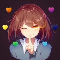 Rule 34 | 1other, ;), absurdres, androgynous, black background, blue sweater, bob cut, brown hair, close-up, closed mouth, collared shirt, commentary request, cropped torso, dress shirt, eye trail, eyelashes, film grain, finger to mouth, floating hair, frisk (undertale), glowing, glowing eyes, hair between eyes, hair spread out, heart, highres, index finger raised, layered shirt, light trail, long sleeves, looking at viewer, naughty face, one eye closed, portrait, shirt, short hair, shushing, smile, solo, sweater, tiboom, undertale, upturned eyes, v-shaped eyebrows, white shirt, yellow eyes
