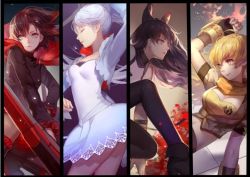 Rule 34 | 4girls, ahoge, ask (askzy), black hair, blake belladonna, blonde hair, boots, bow, breasts, cape, cleavage, column lineup, dress, female focus, fingerless gloves, gauntlets, gloves, gradient background, holding, holding sword, holding weapon, jewelry, long hair, multiple girls, necklace, pantyhose, ponytail, purple eyes, rapier, red hair, ruby rose, rwby, scar, scythe, short hair, smile, sword, weapon, weiss schnee, white hair, yang xiao long, yellow eyes