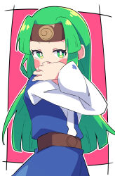Rule 34 | 1girl, absurdres, belt, blue tunic, blush, blush stickers, brown belt, brown headwear, buzzlyears, capcom, covering own mouth, female focus, green eyes, green hair, hand over own mouth, headband, highres, long hair, long sleeves, looking at viewer, matching hair/eyes, mega man (series), mega man battle network, pink background, sal (mega man), simple background, solo, tunic, upper body, white sleeves