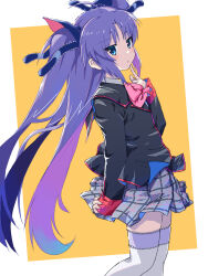 Rule 34 | 1girl, ahoge, akayama yukihe, arm at side, black jacket, blue eyes, blue ribbon, blush, border, bow, commentary, cowboy shot, eyes visible through hair, floating clothes, floating hair, frilled ribbon, frilled thighhighs, frills, grey skirt, hair between eyes, hair ribbon, hand up, highres, index finger raised, jacket, little busters!, long hair, looking at viewer, miniskirt, parted lips, pink bow, plaid, plaid skirt, pleated skirt, purple hair, ribbon, sasasegawa sasami, school uniform, simple background, skirt, sleeves past wrists, solo, standing, thighhighs, two-tone background, two side up, very long hair, white border, white thighhighs, yellow background, zettai ryouiki