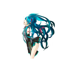 Rule 34 | 1girl, aqua hair, detached sleeves, female focus, from side, hatsune miku, headphones, highres, long hair, necktie, open mouth, skirt, solo, tattoo, trench, twintails, vocaloid, white background