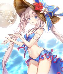 Rule 34 | 1girl, :d, ball, beachball, bikini, blue bikini, blue eyes, bow, breasts, cleavage, collarbone, cowboy shot, fate/grand order, fate (series), flower, hat, hat bow, hat flower, hibiscus, highres, jewelry, koshika rina, long hair, looking at viewer, marie antoinette (fate), marie antoinette (fate/grand order), marie antoinette (swimsuit caster) (fate), marie antoinette (swimsuit caster) (third ascension) (fate), medium breasts, necklace, open mouth, sidelocks, silver hair, smile, solo, stomach, sun hat, swimsuit, twintails, very long hair, water, watermark