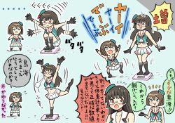 Rule 34 | 2girls, afterimage, black gloves, blue eyes, brown hair, choukai (kancolle), glasses, gloves, hat, kakincho, kantai collection, kneehighs, maya (kancolle), midriff, mini hat, miniskirt, motion lines, multiple girls, navel, pleated skirt, red eyes, skirt, socks, standing, standing on one leg, tilted headwear, translation request, weighing scale