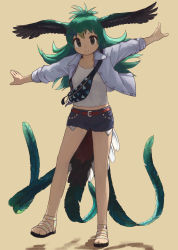 Rule 34 | 1girl, belt, bird girl, bird tail, bird wings, blonde hair, blue hair, blue jacket, cutoffs, denim, denim shorts, fanny pack, feathers, full body, green feathers, green hair, head wings, highres, jacket, kemono friends, kemono friends 3, long hair, long sleeves, looking at viewer, multicolored hair, official alternate costume, outstretched arms, resplendent quetzal (kemono friends), rumenia (ao2is), sandals, shirt, short shorts, shorts, smile, solo, standing, standing on one leg, tail, tank top, white shirt, wings
