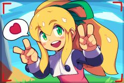 Rule 34 | 1girl, blonde hair, bow, commentary, double v, english commentary, genvoke, green bow, green eyes, hair bow, heart, high ponytail, jaggy lines, mega man (classic), mega man (series), open mouth, outdoors, ponytail, roll (mega man), round teeth, sidelocks, solo, spoken heart, teeth, upper body, v, viewfinder