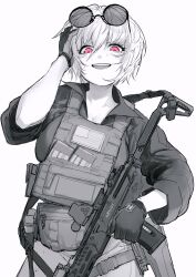Rule 34 | 1girl, absurdres, alma01, american flag, assault rifle, blush, breast press, breasts, cleavage, collar, collarbone, eotech, eyelashes, eyeliner, eyewear on head, fanny pack, gloves, gun, gun sling, highres, holding, holding gun, holding weapon, holster, jacket, large breasts, laser sight, looking at viewer, magazine (weapon), makeup, open mouth, optical sight, original, rifle, sharp teeth, simple background, sleeves rolled up, smile, solo, sunglasses, sweat, sweatdrop, teeth, thigh holster, weapon, white background, white hair