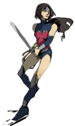 Rule 34 | 1girl, amazon warrior, armor, black hair, dc comics, detached sleeves, full body, lasso, lasso of truth, leotard, lowres, ponytail, simple background, sleeveless, sword, thighhighs, tiara, vambraces, weapon, white background, wonder woman, wonder woman (series)