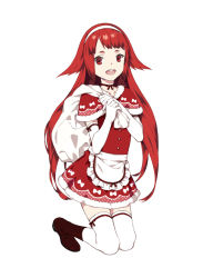 Rule 34 | 1boy, :d, androgynous, boots, bow, crossdressing, december, dress, elbow gloves, fur trim, gloves, hairband, kneeling, long hair, looking at viewer, male focus, montanyaoh, open mouth, original, over shoulder, red eyes, red hair, round teeth, sack, simple background, smile, solo, teeth, thighhighs, trap, white background, zettai ryouiki