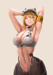 Rule 34 | 1girl, absurdres, ankoh, aqua eyes, armband, armored legwear, armpits, arms behind head, arms up, bandaid, bandaid on cheek, bandaid on face, bare shoulders, black choker, blonde hair, breasts, choker, cleavage, collarbone, commentary, cowboy shot, earpiece, gloves, goddess of victory: nikke, hair between eyes, hat, highres, large breasts, looking at viewer, maxwell (nikke), navel, one eye closed, parted lips, short hair, short hair with long locks, sidelocks, simple background, smile, solo, sports bra, standing, stomach, toned, visor cap, white hat, white sports bra