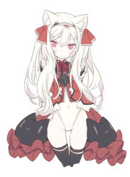 Rule 34 | 1girl, animal ear fluff, animal ears, black thighhighs, blade (galaxist), blush, bow, cat ears, closed mouth, commentary request, copyright request, covered navel, cropped legs, gluteal fold, hair between eyes, hair ribbon, hands up, headpiece, highleg, highleg leotard, leotard, leotard under clothes, long hair, long sleeves, looking at viewer, purple eyes, red bow, red ribbon, red shirt, ribbon, shirt, simple background, sleeves past wrists, solo, thigh gap, thighhighs, twintails, twintails day, very long hair, white background, white hair, white thighhighs