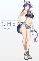 Rule 34 | 1girl, arknights, bankongping, bare arms, bare legs, bare shoulders, baseball cap, bikini, black bikini, blue hair, breasts, ch&#039;en (arknights), ch'en (arknights), character name, chinese commentary, commentary request, copyright name, dragon horns, dragon tail, female tourist c (arknights), full body, grey background, grey shorts, halterneck, hand on own hip, hat, head tilt, highleg, highleg bikini, holding, holding removed eyewear, horns, horns through headwear, long hair, looking at viewer, medium breasts, navel, official alternate costume, partial commentary, red eyes, shoes, short shorts, shorts, sidelocks, simple background, sneakers, solo, standing, stomach, sunglasses, swimsuit, tail, thighs, unworn eyewear, white footwear, white hat