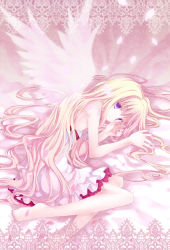 Rule 34 | 1girl, angel wings, bad id, bad pixiv id, bare legs, bare shoulders, barefoot, blonde hair, dress, feet, koto (colorcube), long hair, looking at viewer, lying, nail polish, on side, original, pink nails, purple eyes, solo, sundress, very long hair, wings