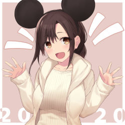 Rule 34 | 1girl, absurdres, animal ears, bad id, bad pixiv id, beige jacket, black hair, breasts, brown eyes, cccpo, collarbone, commentary request, highres, large breasts, long hair, looking at viewer, mickey mouse ears, mouse ears, original, sleeves past wrists, smile, solo, striped clothes, striped sweater, sweater