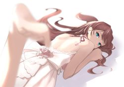 Rule 34 | 1girl, absurdres, backless dress, backless outfit, blurry, blurry foreground, dress, foreshortening, heel up, highres, ichinose shiki, idolmaster, idolmaster cinderella girls, looking at viewer, looking back, lying, on stomach, solo, suasa37367364