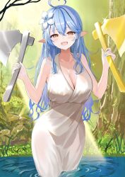 Rule 34 | 1girl, absurdres, ahoge, axe, blue hair, breasts, cleavage, dress, flower, gold, greek mythology, hair between eyes, hair flower, hair ornament, half updo, highres, holding, holding axe, hololive, large breasts, long hair, looking at viewer, open mouth, orange eyes, outdoors, partially submerged, pointy ears, river, smile, solo, standing, towrituka, virtual youtuber, water, white dress, yukihana lamy