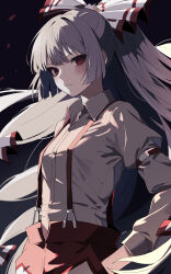 Rule 34 | 1girl, arm strap, bow, closed mouth, collared shirt, commentary request, cowboy shot, fujiwara no mokou, grey hair, hair bow, hand in pocket, highres, long hair, long sleeves, looking at viewer, red bow, red eyes, ringed eyes, shirt, solo, suspenders, touhou, two-tone bow, usuuuv, very long hair, white bow, white shirt