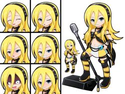 Rule 34 | 1girl, :p, animated, animated gif, blinking, blonde hair, blue eyes, boots, chibi, expressions, headphones, lily (vocaloid), lipsync model, long hair, mameshiba (pixiv 59310), microphone, microphone stand, music, one eye closed, shaded face, singing, thigh boots, thighhighs, tongue, tongue out, vintage microphone, vocaloid, wink