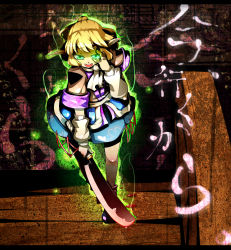 Rule 34 | 1girl, arm warmers, aura, black footwear, black shirt, blonde hair, blue skirt, brown jacket, cleaver, commentary request, floral print, full body, glowing, glowing eyes, green eyes, hand over eye, holding, holding sword, holding weapon, jacket, jinkou-kuu, looking at viewer, medium hair, mizuhashi parsee, multicolored clothes, multicolored jacket, open mouth, pointy ears, sash, scarf, shirt, short ponytail, short sleeves, skirt, smile, socks, solo, sword, touhou, translation request, walking, weapon, white sash, white scarf