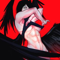 Rule 34 | 1girl, abs, absurdres, bottomless, breasts, clothes lift, genshin impact, highres, kujou sara, looking at viewer, navel, no panties, red background, shirt lift, sleinyeswownc, solo, tengu, toned, wings, yellow eyes