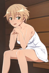 Rule 34 | 10s, 1girl, blonde hair, blush, brave witches, breasts, brown eyes, cleavage, collarbone, hair between eyes, head rest, looking at viewer, medium breasts, naked towel, nanashino, open mouth, short hair, sitting, smile, solo, sweat, towel, waltrud krupinski, world witches series