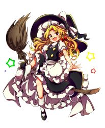 Rule 34 | 1girl, :d, absurdres, apron, baba (baba seimaijo), black dress, black footwear, blonde hair, blush, bobby socks, bow, braid, broom, broom riding, dress, frilled dress, frills, full body, hair bow, hat, hat bow, highres, kirisame marisa, long hair, looking at viewer, mary janes, open mouth, petticoat, red bow, shoes, side braid, smile, socks, solo, star (symbol), tachi-e, touhou, transparent background, waist apron, white bow, white socks, witch hat, yellow eyes