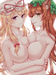 Rule 34 | 2girls, aged up, animal ear fluff, animal ears, asymmetrical docking, blonde hair, bow, breast press, breasts, brown eyes, brown hair, cat ears, chen, closed mouth, commentary request, completely nude, earrings, fang, fang out, green headwear, hair bow, hair ribbon, hat, highres, jewelry, large breasts, light blush, long hair, looking at viewer, mayor, mob cap, multiple girls, nude, purple eyes, red bow, ribbon, shadow, simple background, single earring, smile, touhou, tress ribbon, upper body, very long hair, white background, white headwear, yakumo yukari, yuri