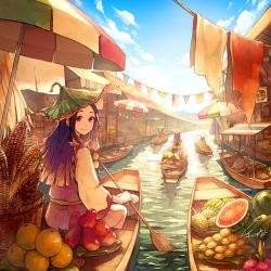 Rule 34 | 1girl, akagi shun, apple, awning, banana, basket, black hair, blue sky, blush, boat, closed mouth, cloud, corn, day, dragon fruit, food, from behind, fruit, hair ornament, holding, holding oar, laundry, leaf, leaf hat, leaf on head, long hair, long sleeves, looking at viewer, low-tied long hair, market, oar, original, outdoors, parasol, plate, pomelo, pot, purple hair, railing, red eyes, revision, river, sash, signature, sitting, sky, smile, solo focus, string of flags, striped, thatched roof, tropical, umbrella, water, watercraft, watermelon