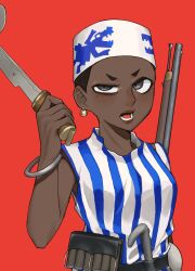 Rule 34 | 1girl, absurdres, african clothes, black sash, blue shirt, dark-skinned female, dark skin, grey eyes, gun, hat, highres, holding, holding sword, holding weapon, looking at viewer, mole, mole under eye, open mouth, original, pzkpfwi, red background, rifle, sash, shirt, short hair, simple background, slit pupils, solo, striped clothes, striped shirt, sword, upper body, very short hair, weapon