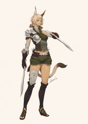 Rule 34 | 1girl, absurdres, animal ears, black eyes, breasts, dagger, dual wielding, fantasy, grey background, highres, holding, holding dagger, holding knife, holding weapon, huge filesize, knife, looking at viewer, medium breasts, original, parted lips, short hair, solo, sonech, standing, tail, weapon
