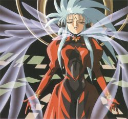 Rule 34 | 1990s (style), 1girl, blue hair, facial mark, forehead mark, light hawk wings, official art, retro artstyle, ryouko (tenchi muyou!), scan, solo, spiked hair, tenchi muyou!, wings, yellow eyes