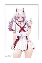 Rule 34 | 1girl, absurdres, bare legs, blush, candy, cheese (cheese zz74), choker, commentary, cropped legs, ear piercing, facial tattoo, fingernails, food, gradient hair, grey hair, highres, holding, holding candy, holding food, holding lollipop, holding ribbon, horns, lollipop, long hair, looking at viewer, multicolored hair, neckerchief, original, panties, piercing, pink choker, pink eyes, pink hair, pleated skirt, pubic tattoo, purple nails, red horns, red nails, red neckerchief, red ribbon, red skirt, ribbon, shirt, short sleeves, skirt, solo, symbol-only commentary, tattoo, two-tone skirt, underwear, white background, white panties, white shirt, white skirt
