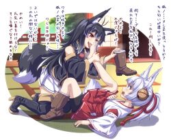 Rule 34 | 2girls, animal ear fluff, animal ears, antenna hair, black dress, black footwear, black hair, black nails, black shorts, black sleeves, blue eyes, blunt bangs, blush, boots, border, brown footwear, commentary request, day, detached sleeves, dress, fang, feet, fox ears, fox girl, fox tail, full body, fur-trimmed footwear, fur trim, hair ribbon, hakama, hakama short skirt, hakama skirt, high heel boots, high heels, highres, holding, holding boots, holding clothes, holding footwear, indoors, japanese clothes, jingle bell earrings, kimono, knee boots, kneeling, kyuutou (kyuutouryuu), licking, licking foot, long hair, looking at another, lying, multiple girls, no socks, on back, open mouth, original, pleated skirt, ponytail, red hakama, red ribbon, ribbon, rope, shimenawa, shorts, single bare leg, single barefoot, single boot, skirt, steam, steaming body, sweatdrop, tail, tatami, teeth, thick eyebrows, toes, tongue, tongue out, translation request, tree, upper teeth only, very long hair, white border, white hair, white kimono, white skirt, yuri