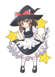 Rule 34 | 1girl, apron, black footwear, black skirt, black vest, blush, bow, brown eyes, brown hair, closed mouth, cosplay, frilled bow, frilled hair tubes, frills, gohei, hair tubes, hakurei reimu, hand in own hair, hat, hat bow, highres, holding, holding gohei, kirisame marisa, kirisame marisa (cosplay), long hair, mary janes, red bow, red eyes, shoes, short sleeves, simple background, skirt, smile, socks, solo, star (symbol), touhou, vest, waist apron, white background, witch hat, zenji029