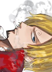 Rule 34 | 1boy, a00xm, blonde hair, blue eyes, cape, cigarette, curly eyebrows, facial hair, goatee, hair over eyes, highres, looking at viewer, one piece, red cape, sanji (one piece), shirt, smoke, smoking, solo, stubble, white background, white shirt